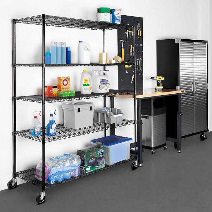 Seville Classics UltraDurable Heavy Duty NSF Solid Steel Wire Rack Storage Unit, Organizer for Garage, Warehouse, Office, Restaurant, Classroom, Kitchen, Black, 5-Tier Shelving, 60" W x 24" D-Ruum Studio Home