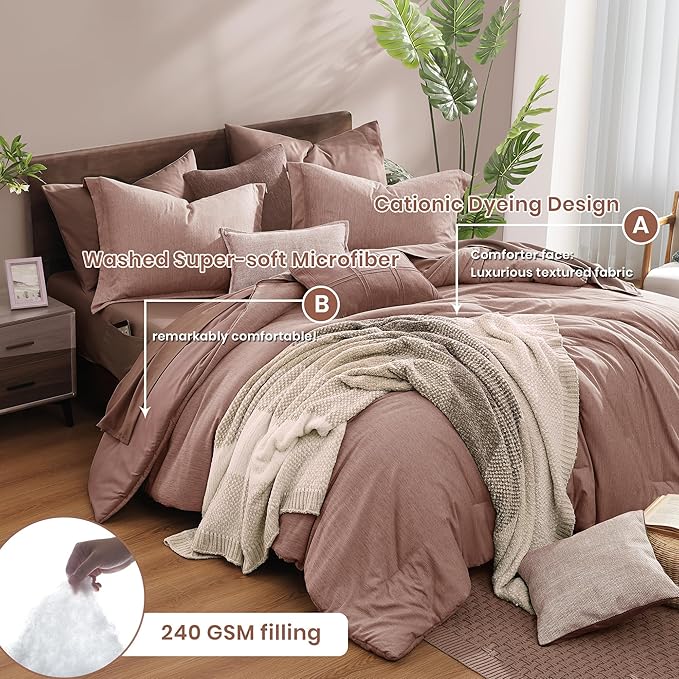 Monbix Queen Comforter Set - 7 Pieces Dusty Pink Cationic Dyeing Bed in a Bag Queen Bedding Sets with Sheets, Pillowcases & Shams, Reversible Bedding Comforters-Ruum Studio Home
