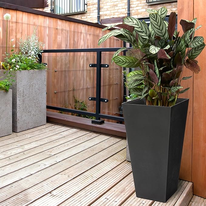 Worth Garden 2-Pack Black Matte Texture Square Tapered Planter - 25.5" H. Tall Plastic Plant Pots with Drain Hole for Indoor Outdoor - Modern Decorative Flower Pots for Front Porch, Patio, Deck-Ruum Studio Home