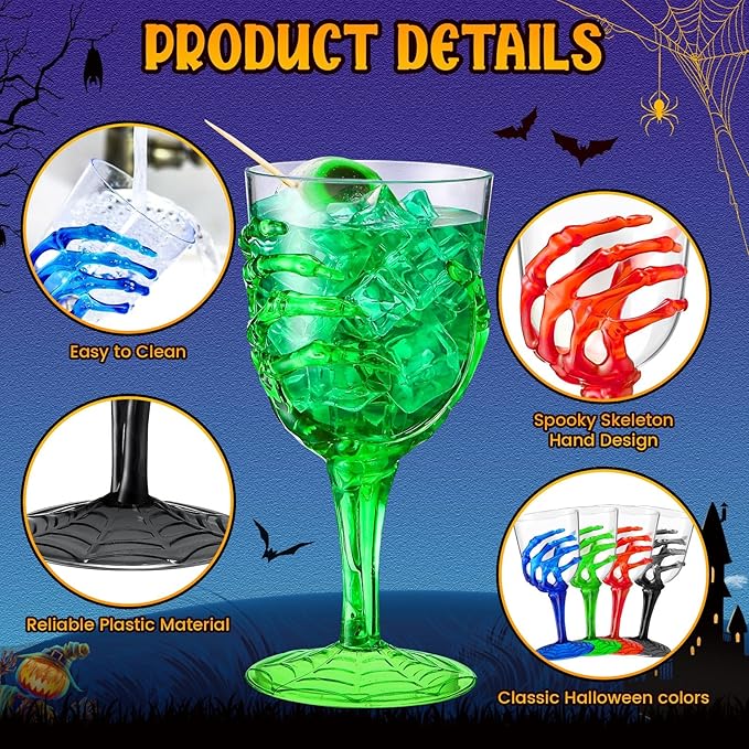 Sliner 24 Pcs Halloween Skeleton Hand Plastic Goblets 12 oz Spooky Skeleton Hand Goblets Halloween Wine Glasses Champagne Glassware Creepy Clear Cups for Party Haunted House, 4 Color-Ruum Studio Home
