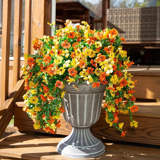 INSPRING Artificial Flowers for Outdoors Fake Mums Hanging Plants Decor, 2Pcs Silk Daisy with Eucalyptus UV Resistant Look Real Trailing Vines for Planter Front Door Patio Yard, OrangeYellow-Ruum Studio Home