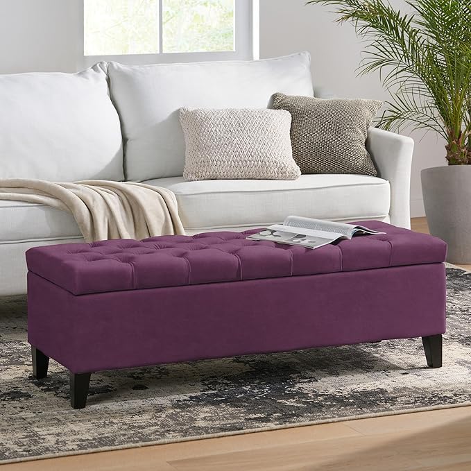 Christopher Knight Home Gloust Velvet Storage Ottoman, Upholstered Rectangular Storage Bench, Living Room Seating, Tufted BottonFoot Rest Stool for Home Office, Entryway and Bedroom, Purple-Ruum Studio Home