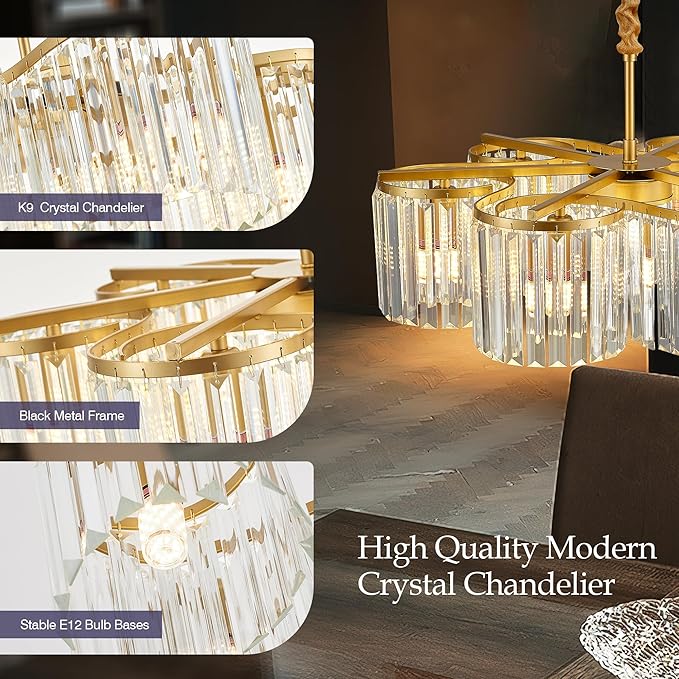 24.4“ Gold Semi Flush Mount Ceiling Light Fixtures, 6-Light Gold Modern Crystal Chandelier Height Adjustable Pendant Lighting for Bedroom Entryway Hallway Kitchen Island Living Room Foyer-Ruum Studio Home