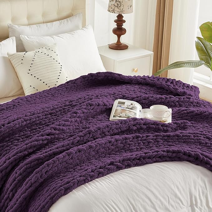 Carriediosa Chunky Knit Throw Blanket 50" X 60", 100% Hand Made Large Chenille Loop Yarn Soft Fluffy Throws for Couch Sofa Bed, Big Crochet Cozy Heavy Thick Cable Woven Blanket, Dark Purple-Ruum Studio Home
