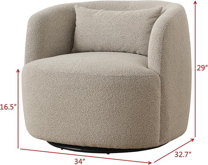 KINWELL 34" Wide Sherpa Swivel Barrel Chairs Set of 2, No Assembly Round Boucle Upholstered Accent Chairs Armchairs Single Sofa Chair with Toss Pillow for Living Room and Bedroom, Taupe-Ruum Studio Home