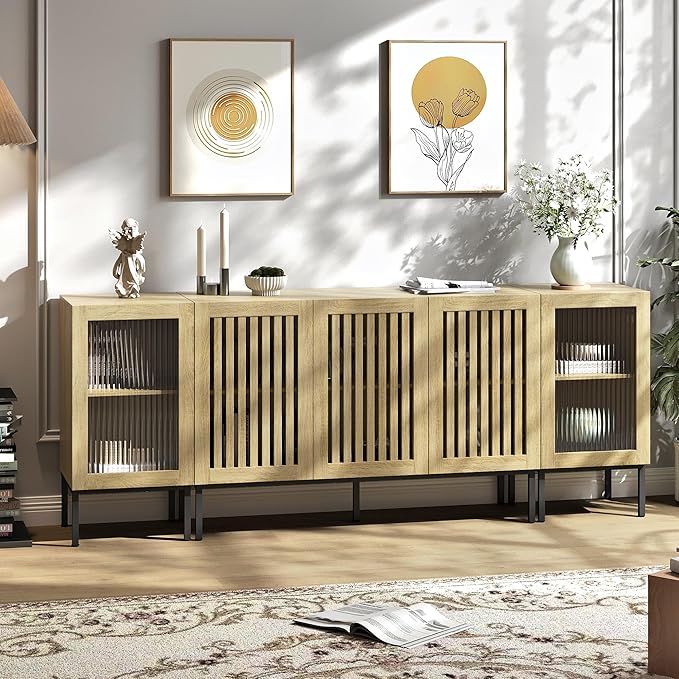 Farmhouse TV Stand for TVs up to 85 Inch, Entertainment Center TV Console with Storage Cabinets and Glass Doors, Media Console for Living Room,Oak-Ruum Studio Home