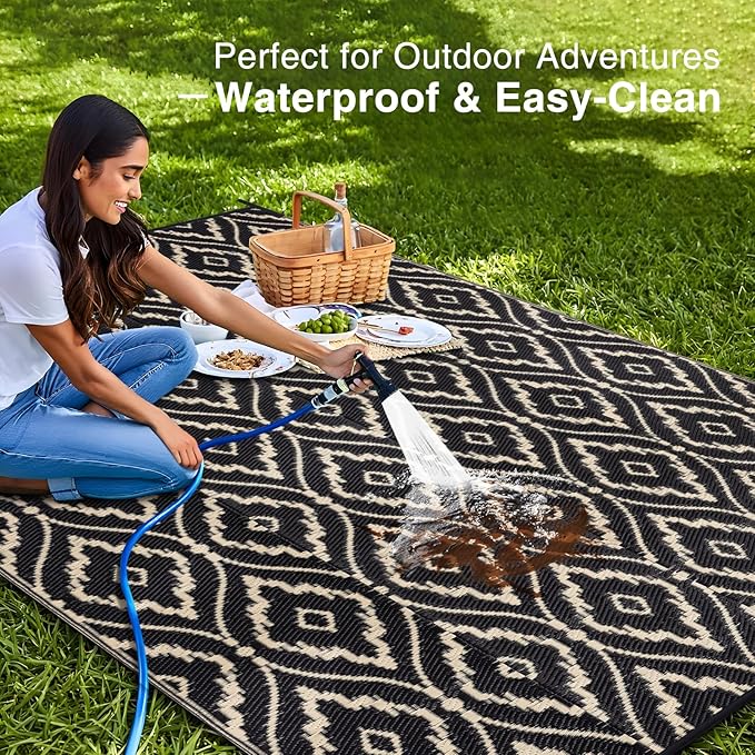 OLANLY Outdoor Rug 9x12 ft Waterproof, Outdoor Plastic Straw Rug with Geometric Pattern Clearance, Reversible RV Mat for Patio, Camping, Balcony, Deck, Backyard, Black & Beige-Ruum Studio Home