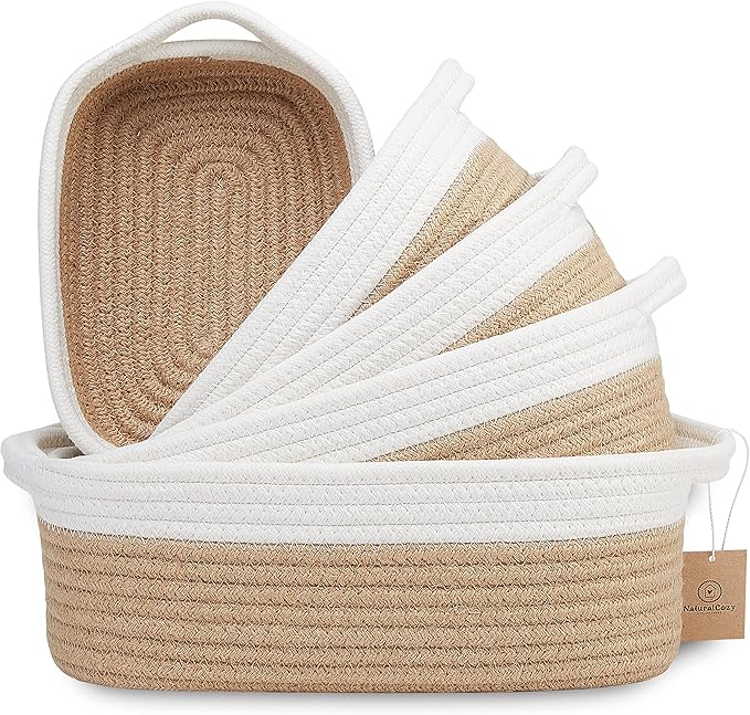 NaturalCozy 5-Piece Rectangle Storage Basket Set- Natural Cotton Rope Woven Baskets for Organizing! Small Basket for Montessori, Baby Nursery, Dog Toy Baskets, Cat Toy Box, Bathroom Organization Bin-Ruum Studio Home