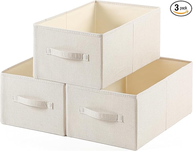Linen Folding Storage Bins, 3 Pack Large Storage Baskets, Washable, Clothing Storage Bins with Handle, Closet Organizer for Storage Sweater,Sheets(Beige, 18½"x11" x8½")-Ruum Studio Home