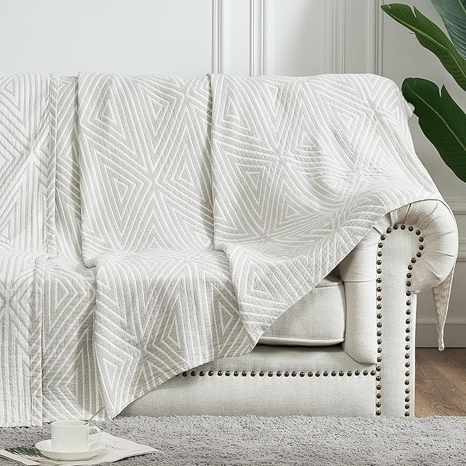 jinchan Boho 100% Cotton Blanket Muslin Twin Size 60x80 Inches Lightweight 3-Layer Geometric Triangle Striped Reversible Quilt Throw Soft Breathable Comfy All Seasons for Couch Bed Decor, Light Grey-Ruum Studio Home