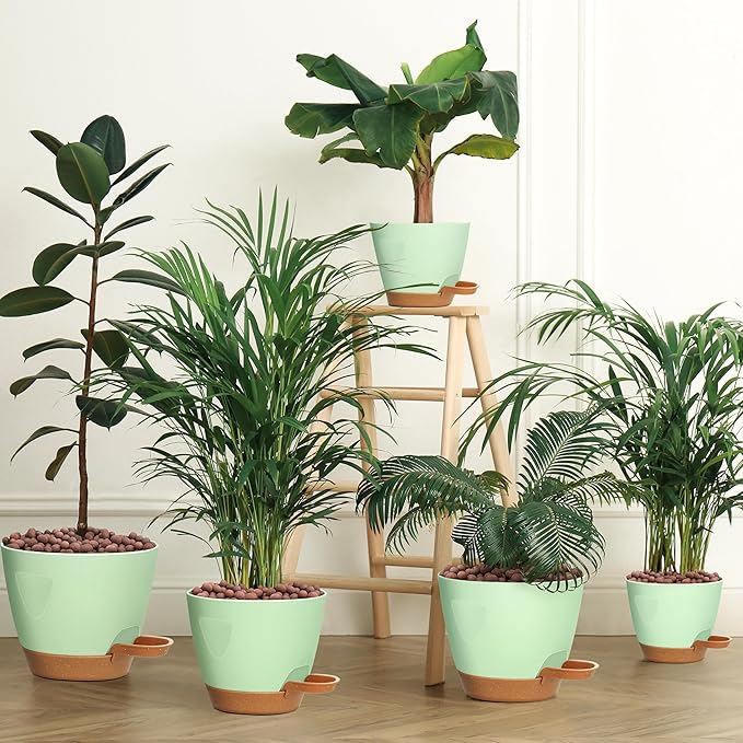 Uneed Indoor Self Watering Planters with Drainage Holes and Saucers, 7/6.5/6/5.5/5 Inch-5 Pots,for Indoor Plants, Herbs, Succulents-Green-Ruum Studio Home
