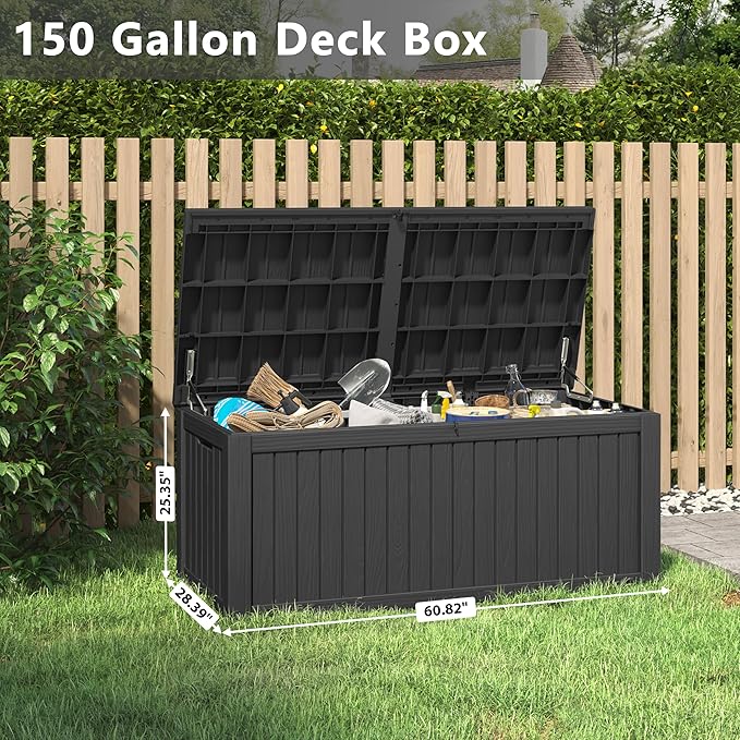 150 Gallon Resin Deck Box, Large Indoor and Outdoor Storage Box, Weatherproof and UV Resistant Outdoor Storage Box with Built-in Steel Beams for Patio, Cushions, Pool Supplies-Ruum Studio Home