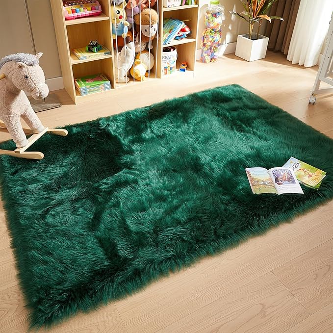AMTOVO Faux Fur Sheepskin Rug for Living Room, 4 x 6 ft Dark Green Fluffy Area Rug for Bedroom, Playroom, Luxury Room Decor, Rectangle-Ruum Studio Home