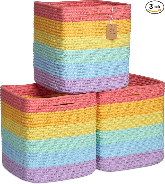 NaturalCozy Storage Cubes 11 Inch Cotton Rope Woven Baskets for Organizing, 3-Pack | Cube Storage Bin | Square Storage Baskets for Shelves Organizer, Classroom, Kids Toy Bins, Closet, Baby Nursery-Ruum Studio Home