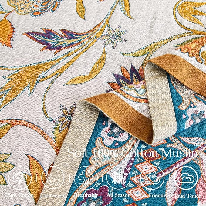 Fall Throw Blanket for Couch, Brown Boho Decorative Throw Blanket, 100% Cotton Muslin Breathable Woven Farmhouse Blankets Quilt, 60"x80" Reversible Lightweight Blankets Bohemian Throw Quilt-Ruum Studio Home