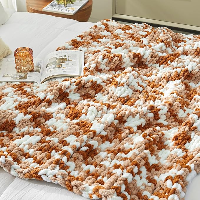 Amélie Home Chunky Knit Throw Blanket for Couch, Soft Chenille Crochet Blanket for Sofa, 50"x60", Space-Dyed Burnt Orange-Ruum Studio Home