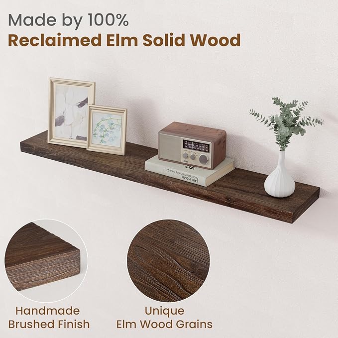 Floating Shelves for Wall Decor, 8 Inch Deep Rustic Solid Elm Wood Floating Shelves Wall Mounted, Wall Shelves with Invisible Bracket for Living Room Bathroom Bedroom Kitchen, 40 Inch Set of 1, Walnut-Ruum Studio Home