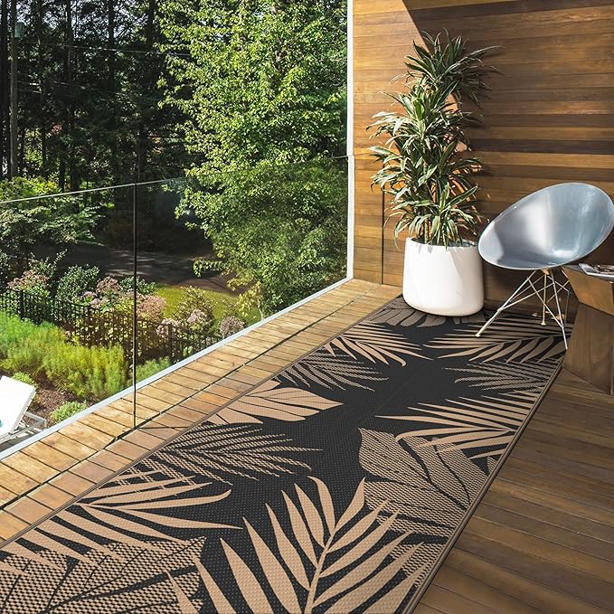 GENIMO Outdoor Rug 2.5' x 8' Waterproof for Patios Clearance, Reversible Outdoor Plastic Straw Camping Rug Carpet, Large Area Rugs Mats for RV, Camper, Deck, Balcony, Porch, Beach, Picnic, Black&Brown-Ruum Studio Home
