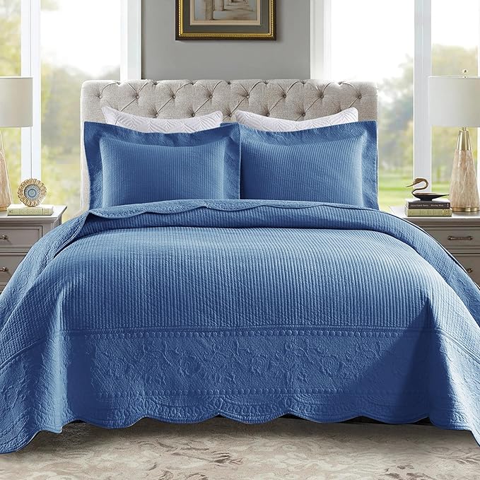 MarCielo 3-Piece 100% Cotton Oversized Bedspread Lightweight Quilt Coverlet Embroidery Farmhouse Bedding Set (TG Midtone Blue, Oversized King (118"x106"))-Ruum Studio Home