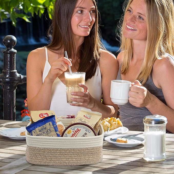 Small Woven Storage Baskets 12“X8”X5“ Decorative Rope Bins for Organizing Shelves, Closets, and Toys, Empty Gift Baskets, Cute Organizer Basket for Home and Office (white and brown regular)-Ruum Studio Home