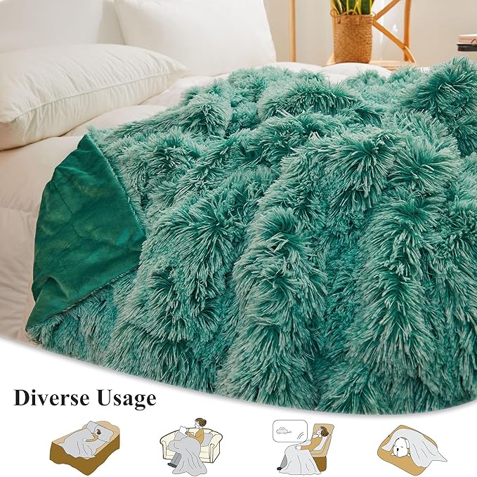 XeGe Luxury Fluffy Throw Blanket, Emerald Green Soft 50x60 Faux Fur Blanket Throw, Shaggy Plush Decorative Couch Blanket, Cute Furry Throw Fuzzy Blanket for Sofa Bed, Ombre Emerald Green-Ruum Studio Home