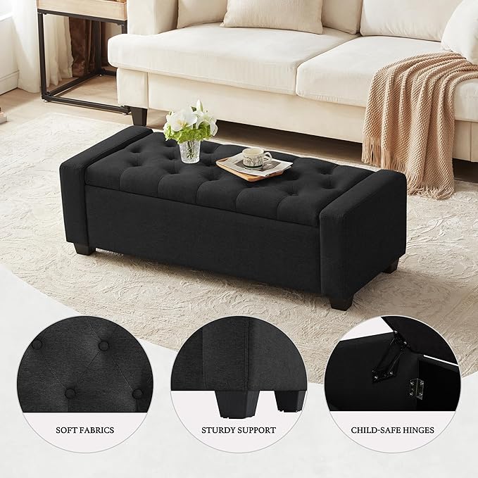 48" Ottoman with Storage, Black Storage Ottoman Bench with Safety Hinge, Upholstered Entryway Bench with Seating for Bedroom, Living Room, Holds up to 330 lb-Ruum Studio Home
