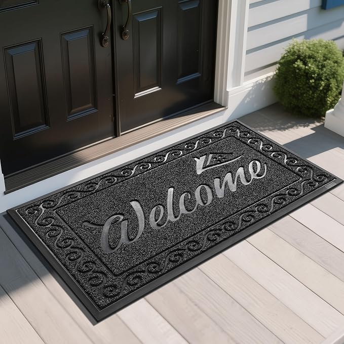 Yimobra Welcome Mat, Heavy Duty Sturdy Door Mats for Home Entrance Outdoor Indoor, Front Doormat for Outside Patio Floor Entry Porch Garage Office, Waterproof, Low Profile, 47 x 24, Black-Ruum Studio Home