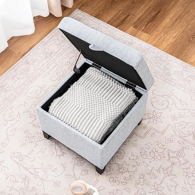 Adeco 18 Inch High Cube Ottoman Storage, Linen Chair Foot Stools, Upholstered Vanity Stool with Hinged Lid, Solid Wood Legs-Ruum Studio Home