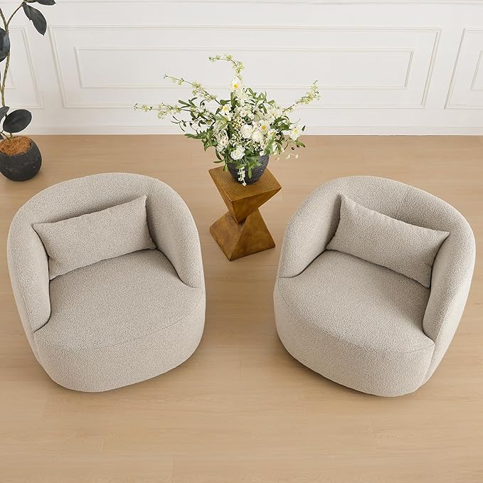 KINWELL 34" Wide Sherpa Swivel Barrel Chairs Set of 2, No Assembly Round Boucle Upholstered Accent Chairs Armchairs Single Sofa Chair with Toss Pillow for Living Room and Bedroom, Taupe-Ruum Studio Home