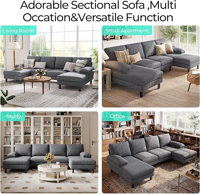 LINSY HOME Sectional Couch, 111'' W Corduroy U Shaped Sofa with Sleepable Armrests, 4 Seat Couch with Double Chaises, Deep Sofa for Living Room, Grey-Ruum Studio Home