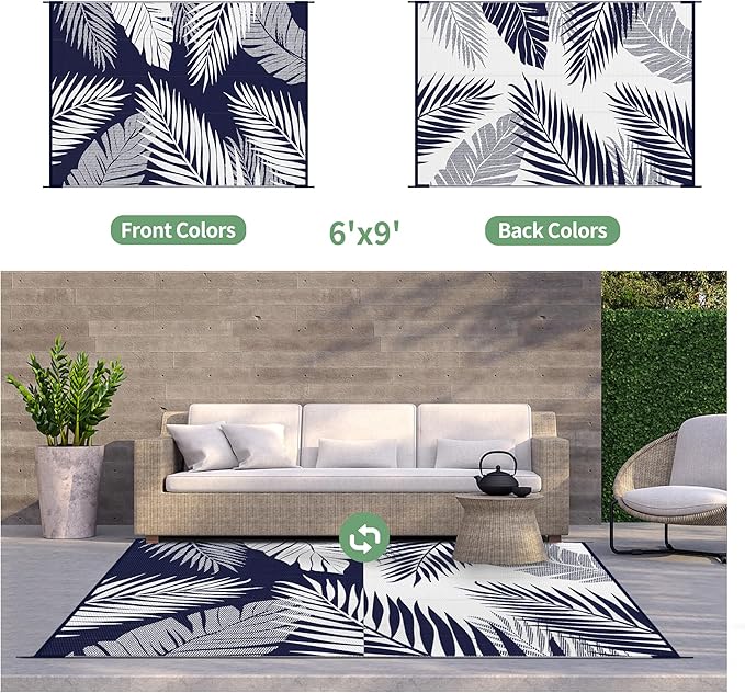 GENIMO Outdoor Rug 6' x 9' Waterproof for Patios Clearance, Reversible Outdoor Plastic Straw Camping Rug Carpet, Large Area Rugs Mats for RV, Camper, Deck, Balcony, Porch, Beach, Navy Blue&White-Ruum Studio Home