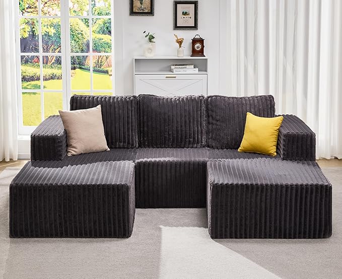 Hobestluk Modular Sectional Sofa Memory Foam Couch Oversized Sectional Sofa 3-Seater with Chaises Cloud Couch with Removable Cover U Shaped Sofa for Living Room (Strip Grey, U Shape)-Ruum Studio Home