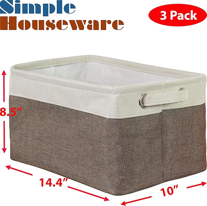 SIMPLE HOUSEWARE Large Fabric Storage Bin, 14.4" x 10" with Handles, 3-Pack, Foldable Organizer for Closet and Shelf, Brown-Ruum Studio Home