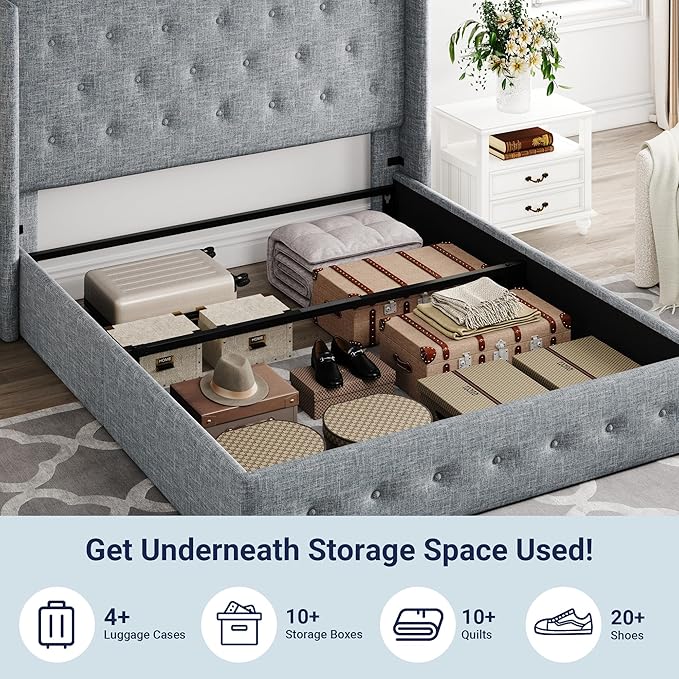 Allewie Full Size Lift Up Storage Bed, Button Tufted Headboard with Wingback, Hydraulic Support, No Box Spring Needed, Grey Blue-Ruum Studio Home