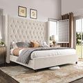 PaPaJet Queen Size Bed Frame with 61.4" Tall Headboard, Velvet Modern Upholstered Tufted Bed for Adults, Handmade Deep Button Tufting, Solid Wood Legs, No Box Spring Required, Cream-Ruum Studio Home