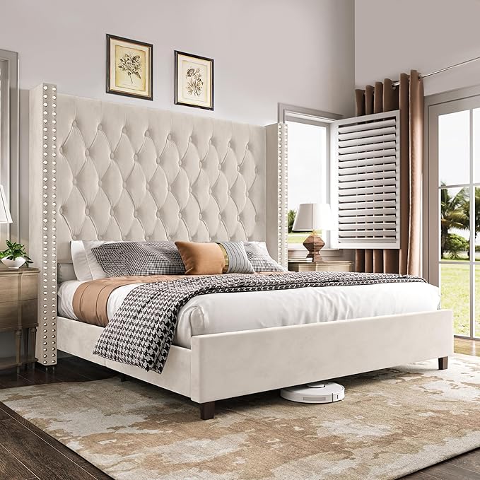 PaPaJet Queen Size Bed Frame with 61.4" Tall Headboard, Velvet Modern Upholstered Tufted Bed for Adults, Handmade Deep Button Tufting, Solid Wood Legs, No Box Spring Required, Cream-Ruum Studio Home
