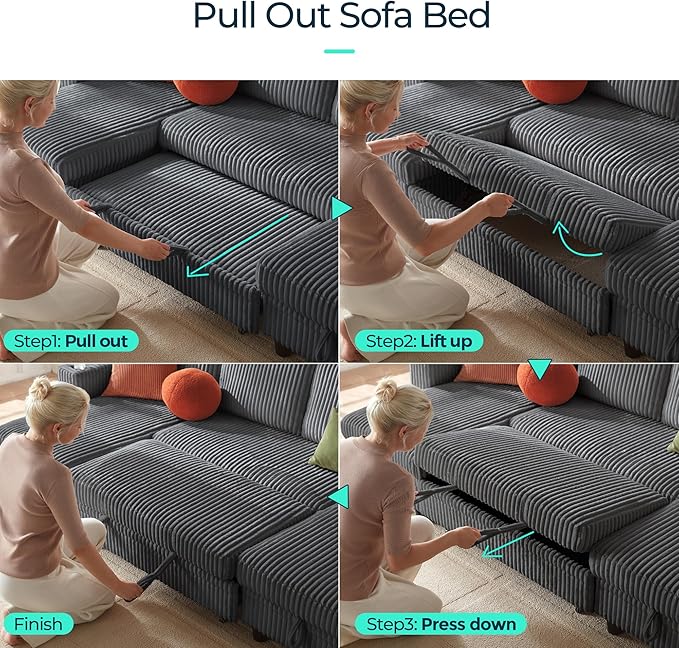 LINSY HOME Sectional Sleeper Sofa with Pull Out Couch Bed Convertible Plush Corduroy Cloud Couch with Storage Chaise & USB Charging, Comfy L Shaped Modular Couches for Living Room Apartment (Grey)-Ruum Studio Home