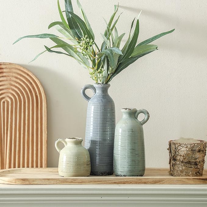 Ceramic Vase Set of 3 | Neutral Vase Home Decor with Handle | Pottery Modern Farmhouse Vases Pampas Grass Flower Vases for Home Decor Table Living Room Centerpieces Mantel Decor - Multicolor-Ruum Studio Home
