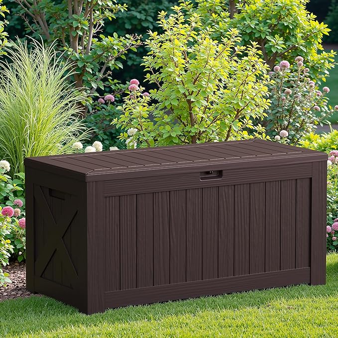 JUMMICO 120 Gallon Resin Deck Box, Large Outdoor Storage Box Waterproof & Lockable for Garden, Patio, Pools (Deep Brown)-Ruum Studio Home