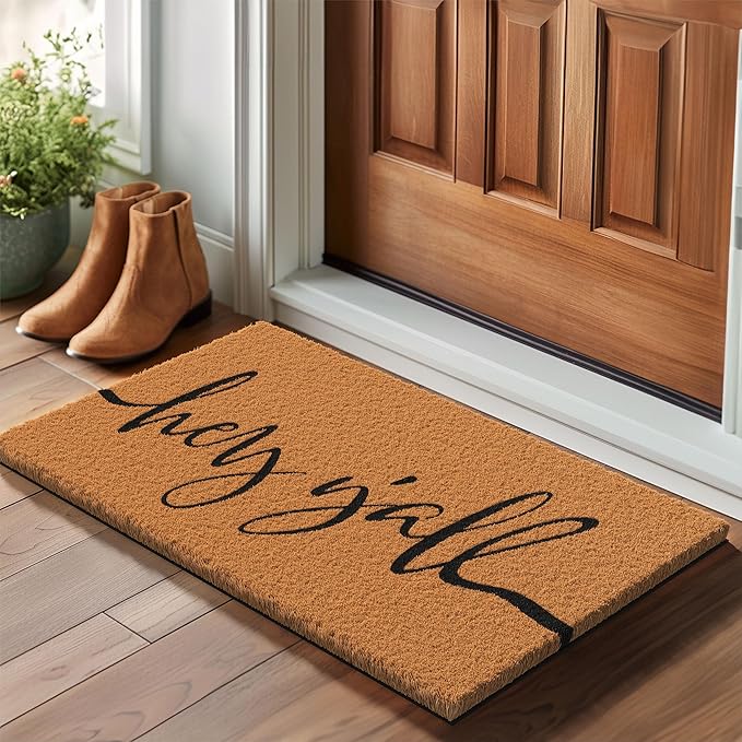 Barnyard Designs Natural Coco Coir Heavy Duty Backing Doormat - Large Cute Non-Slip Front Door Welcome Mat for Outside Entrance or Porch Entry, Brown (17x 30, Y'all)-Ruum Studio Home