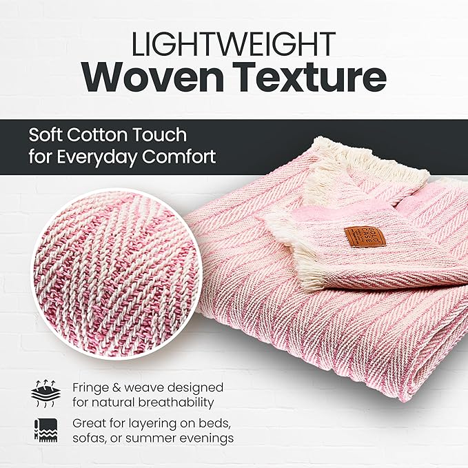 Gold Case Throw Blanket for Couch – 100% Recycled Turkish Cotton Blankets & Throws – Elegant Decorative Throw Blankets for Living Room Sofa – Woven Throws for Couch – Vintage Pink – 60x80-Ruum Studio Home