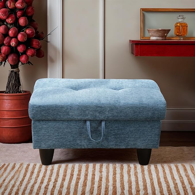 Ottoman Rectangular Storage Ottoman Bench, Flannel Footrest Stool Footstool with Lid for Living Room, Bedroom, Entryway, Light Blue, 28.5"x19"x17.5"-Ruum Studio Home