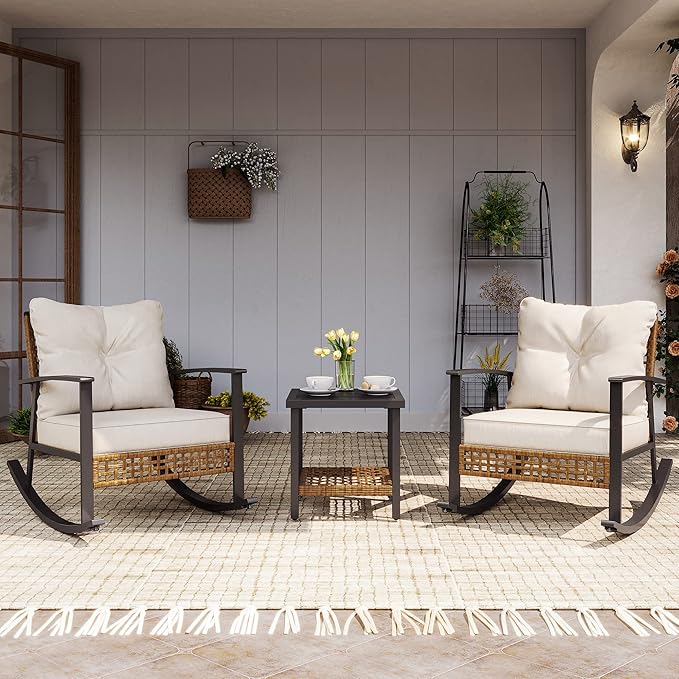 LAUSAINT HOME 3-Piece Rocking Bistro Set, Outdoor Patio Furniture with Thick Cushions and 2-Tier Coffee Table, Oversize Rattan Conversation Set for Garden, Balcony, Backyard (Beige)-Ruum Studio Home