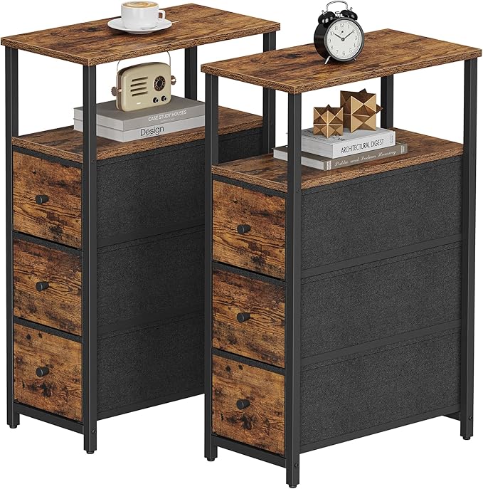 TUTOTAK Narrow Night Stand, Slim End Table, Tall Side Table with 3 Fabric Drawer, Small Bedside Table with Storage, Set of 2, for Living Room, Bedroom, Brown TB01BB072-Ruum Studio Home