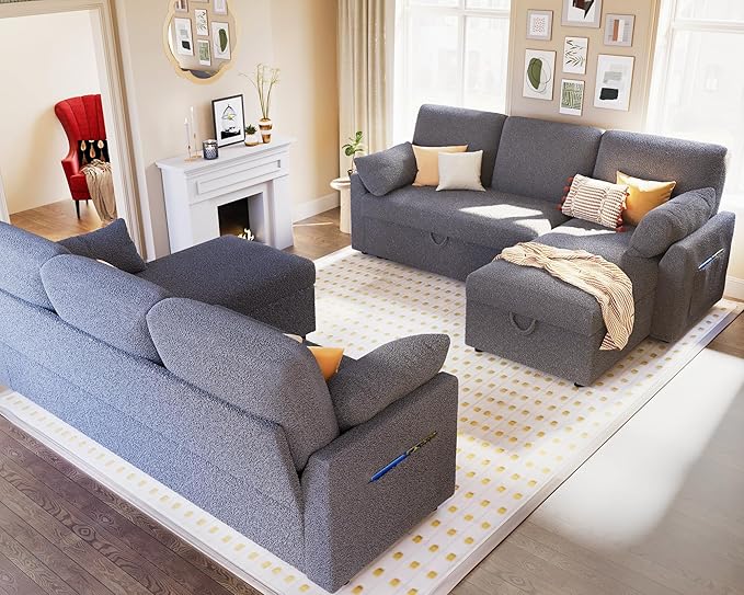 VanAcc Sofa Bed, Sleeper Sofa with Storage Chaise- 2 in 1 Pull Out Couch Living Room, Comfy Sleeper Couch, Grey Boucle-Ruum Studio Home