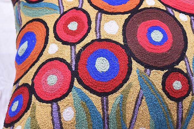 Yellow Floral Poppy Pillow Cover - Red Floral Outdoor Pillowcase - Suzani Accent Pillow - Flower Accent Cushions - Hand Embroidered Wool - Size 18x18-Ruum Studio Home