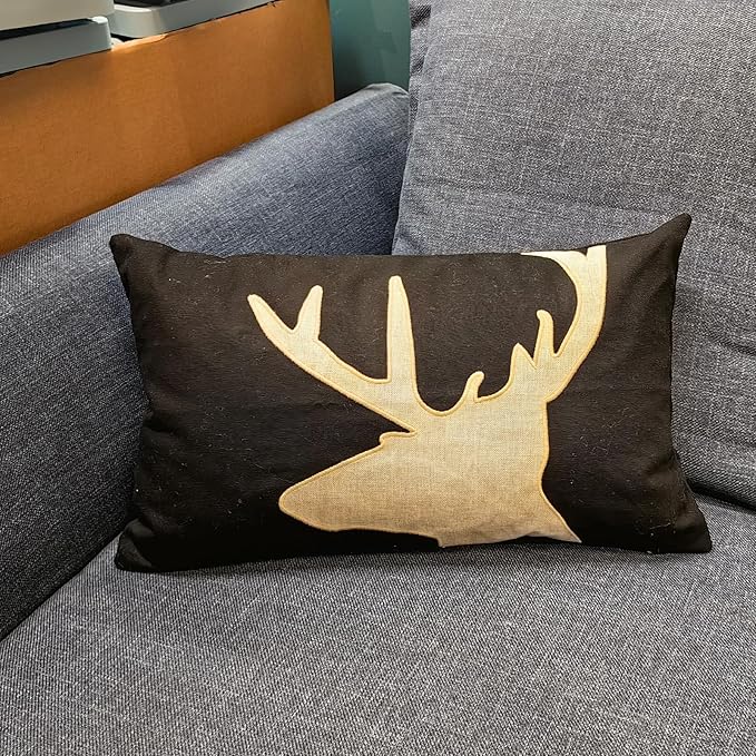 Lumbar Pillow Covers 12x20 Inches Black Decorative Cotton Linen Deer HeadThrow Lumbar Waist Embroidered Cushions Covers for Couch Sofa Bedroom-Ruum Studio Home