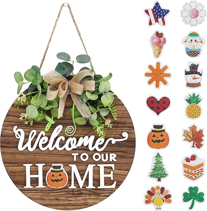 Interchangeable Seasonal Welcome Sign Front Door Decoration, Rustic Round Wood Wreaths Wall Hanging Outdoor, Farmhouse, Porch, for Spring Summer Fall All Seasons Holiday Halloween Christmas.-Ruum Studio Home