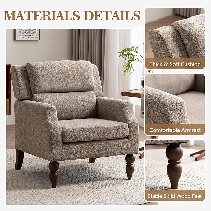 Kidol & Shellder Light Brown Oversized Accent Chair for Living Room Set of 2 Modern Reading Chair with Back Upholstered Comfy Single Sofa Chair for Bedroom Lounge Side Corner Boucle Fabric Armchair-Ruum Studio Home