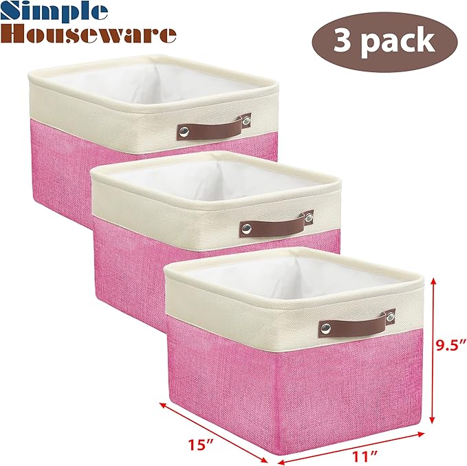 SIMPLE HOUSEWARE Large Fabric Storage Bin, 15" x 11" with Leather Like Handles, 3 Pack, Pink-Ruum Studio Home